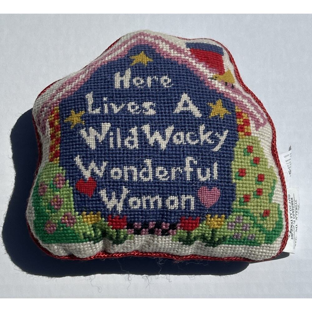 Vintage Lillian Vernon 100% Wool Needlepoint Cottagecore Pillow Wonderful Woman